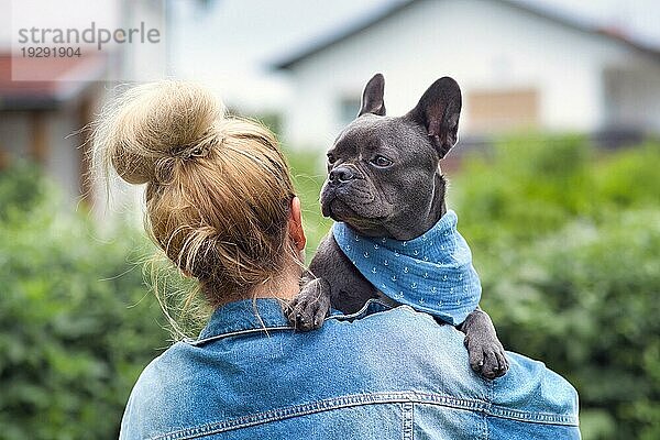 Frau hält französische Bulldogge über der Schulter