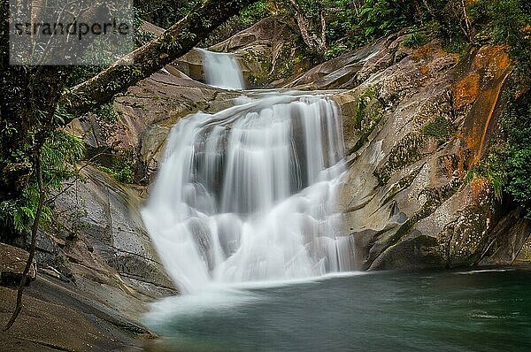 Upper Josephine Falls in der Nähe von Cairns  Queensland  Australien. Die Langzeitbelichtung zeigt die Bewegung des Wassers an der beliebten Touristenattraktion