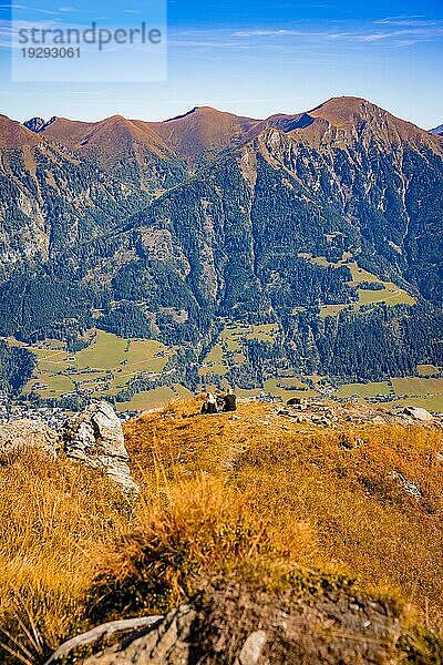 Touristen entspannen in felsiger Gebiergslandschaft im Herbst  Hirschkarspitze  Alpen  Österreich  Europa