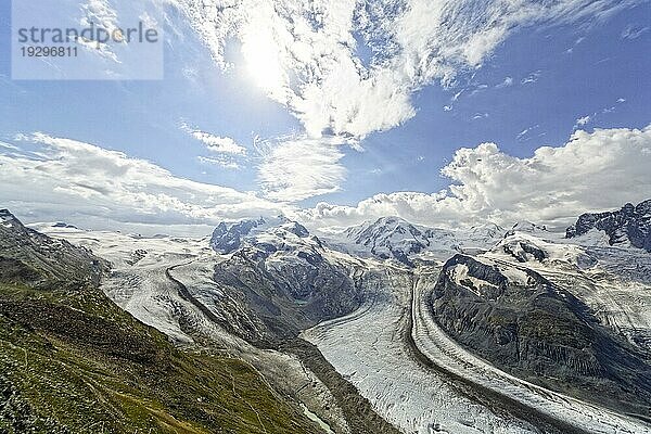Ausblick vom Gornergrat Richtung Süden  Grenzgletscher mit der Dufourspitze  Walliser Alpen  Zermatt  Wallis  Schweiz  Europa