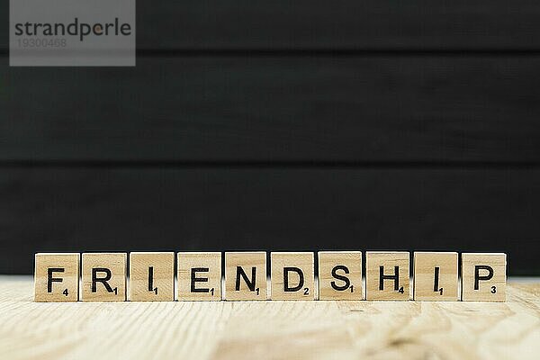 Wort Freundschaft mit Holzbuchstaben buchstabiert