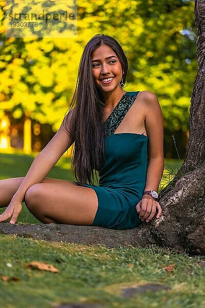 Eine junge hübsche brünette Latina mit langen glatten Haaren lehnt in einem grünen Kleid an einem Baum. Porträt sitzend auf dem Gras neben einem Baum im Park