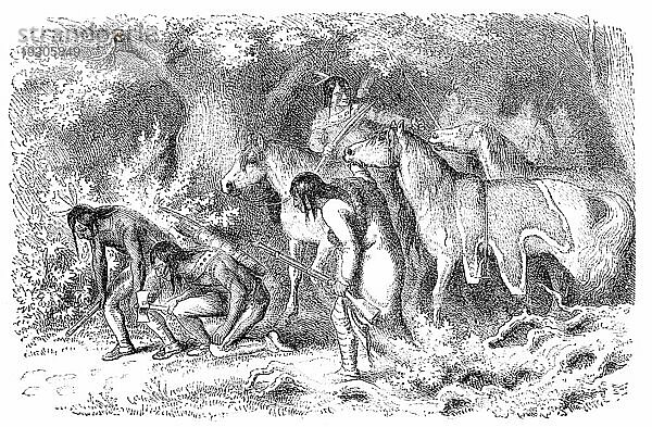 Die Indianer der Cheyenne verfolgen ihren Feind. Kupferstich eines unbekannten Künstlers aus Ernst von Hesse Warteggs Nord Amerika  schwedische Ausgabe von 1880