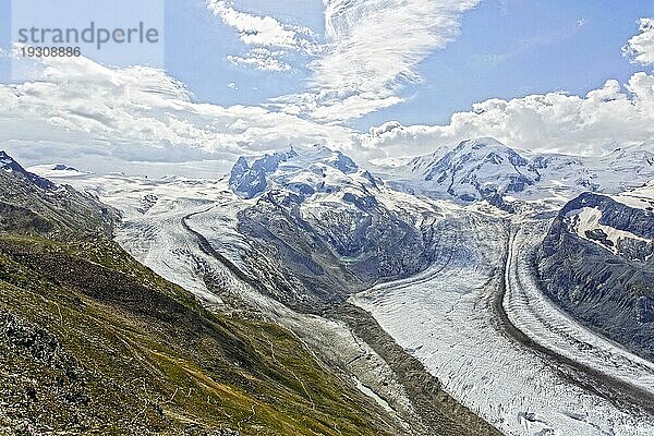 Ausblick vom Gornergrat Richtung Süden  Grenzgletscher mit der Dufourspitze  Walliser Alpen  Zermatt  Wallis  Schweiz  Europa