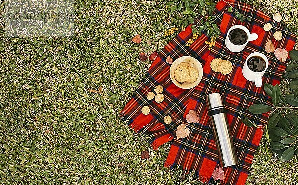 Draufsicht minimalistisches Picknick mit Kopierraum