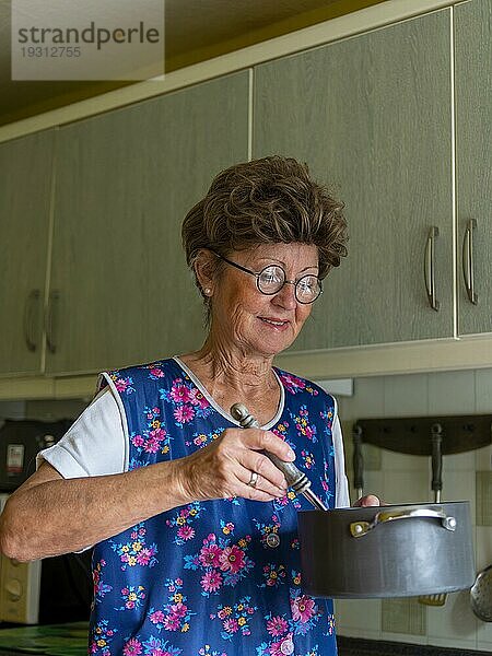 Oma mit alter Kittelschürze  Brille und Perücke in der Küche  hält Kochtopf und Kelle in Händen  Deutschland  Europa