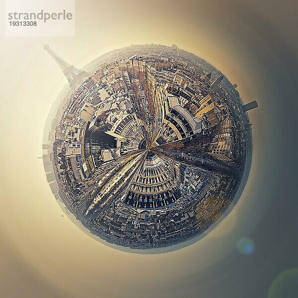 Aerial Paris als Mini Planet im Weltraum. Sightseeing Stadtpanorama in Form einer Weltkugel mit Blick auf den Eiffelturm  Frankreich. Pariser Architektur und Wahrzeichen  romantisches Reiseziel