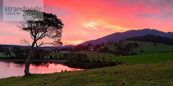 Die idyllische Kulisse über dem Ackerland am Mt Dromedary bei Sonnenuntergang in Tilba  NSW  Australien  Ozeanien
