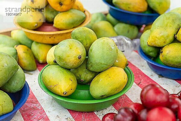 Ein Korb mit Mangos und Pflaumen auf dem Straßenmarkt Selektiver Fokus