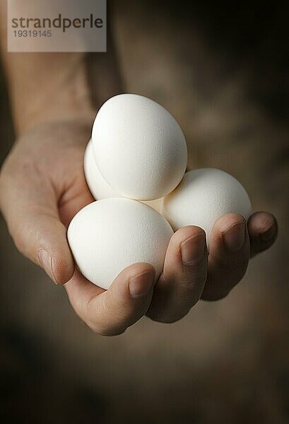 Mann hält weiße Eier in der Hand. Sehr kurze Tiefenschärfe