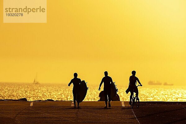 Schwarze Silhouetten von jungen Sportlern  die bei Sonnenuntergang mit Surfbrettern spazieren gehen und Fahrrad fahren. Mittelaufnahme