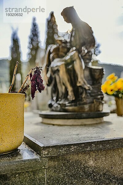 Blumentopf mit verwelkter Blume auf einem Grab vor einer religiösen Marienfigur mit Jesus in den Armen im Gegenlicht  Bari Sardo  Ogliastra  Sardinien  Italien  Europa