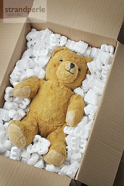Vintage Teddybär sicher in einer Pappschachtel