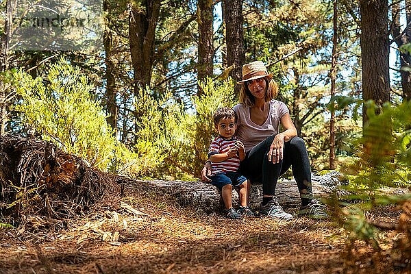 Eine Mutter mit ihrem Sohn sitzt auf einem Baum in der Natur neben Kiefern  Madeira. Portugal