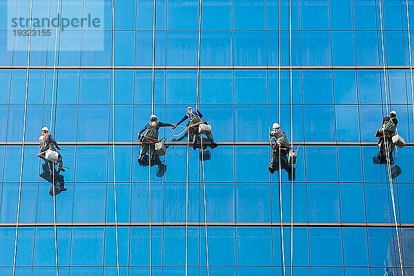 Arbeiter putzen im Team die Fenster eines Wolkenkratzers in der Innenstadt von Seoul  Seoul  Südkorea  Asien