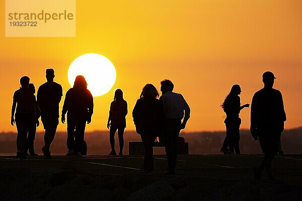 Schwarze Silhouetten von jungen Leuten  die auf einem Hügel bei orangefarbenem Sonnenuntergang spazieren gehen. Mittlere Aufnahme