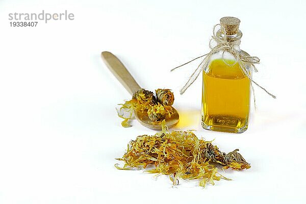 Holzlöffel mit getrockneten Ringelblumenblüten (Calendula officinalis)  mit Flasche Calendula ätherisches Öl vor weißem Hintergrund und Kopierraum