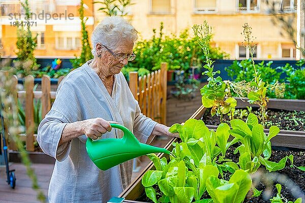 Ältere Frau gießt Pflanzen in einem Garten in einer geriatrischen Einrichtung