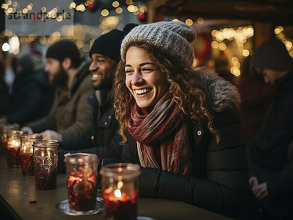 Junge Menschen feiern auf einem Weihnachtsmarkt zur Weihnachtszeit  AI generiert