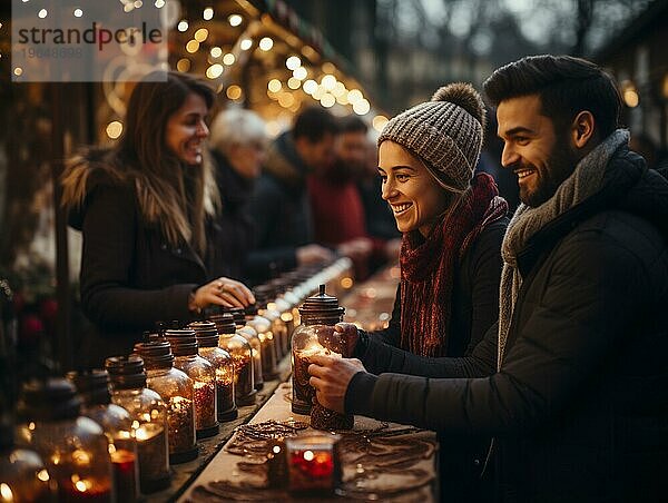 Junge Menschen feiern auf einem Weihnachtsmarkt zur Weihnachtszeit  AI generiert