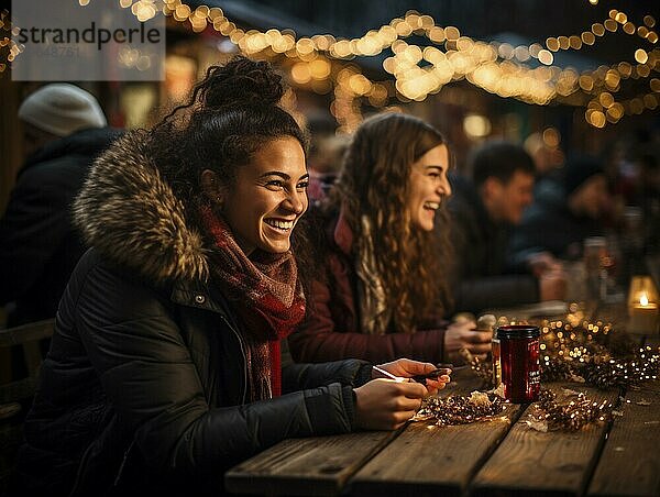 Junge Menschen feiern auf einem Weihnachtsmarkt zur Weihnachtszeit  AI generiert