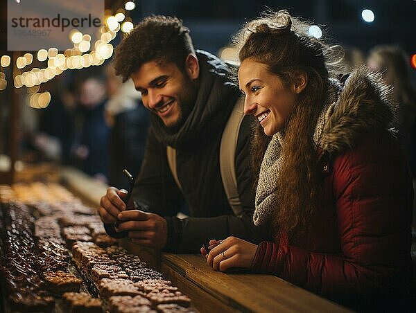 Junge Menschen feiern auf einem Weihnachtsmarkt zur Weihnachtszeit  AI generiert