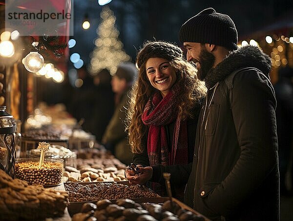 Junge Menschen feiern auf einem Weihnachtsmarkt zur Weihnachtszeit  AI generiert