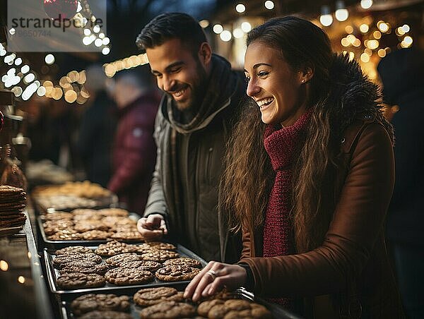 Junge Menschen feiern auf einem Weihnachtsmarkt zur Weihnachtszeit  AI generiert