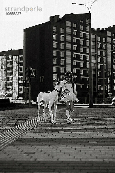 Mädchen mit weißem Hund auf einem Spaziergang in der Stadt.