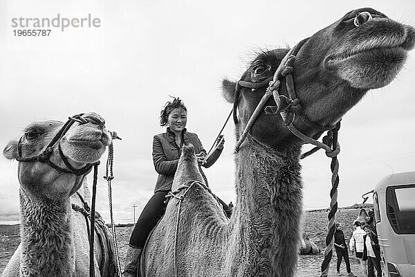 Mongolin reitet auf einem Kamel  Kharakhorin  Mongolei