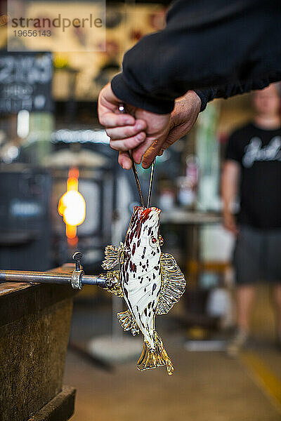 Ein Mann hält in einer Glasbläserei auf Whidbey Island  WA  eine Glasskulptur eines Fisches in der Hand.