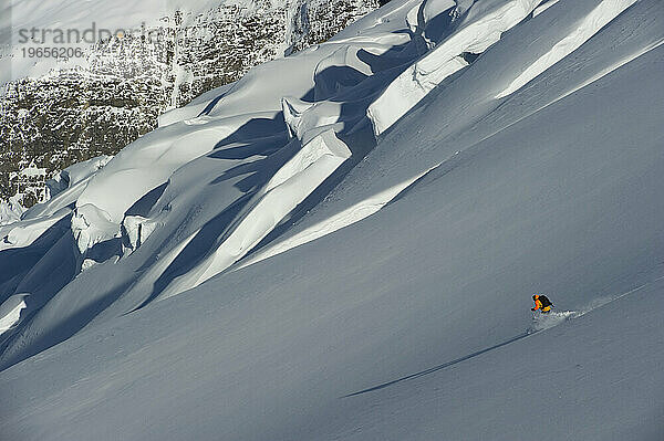 A ski guide on a glacier near crevasses.