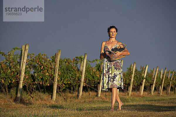 Eine Frau geht in einem Weinberg in Uruguay spazieren.