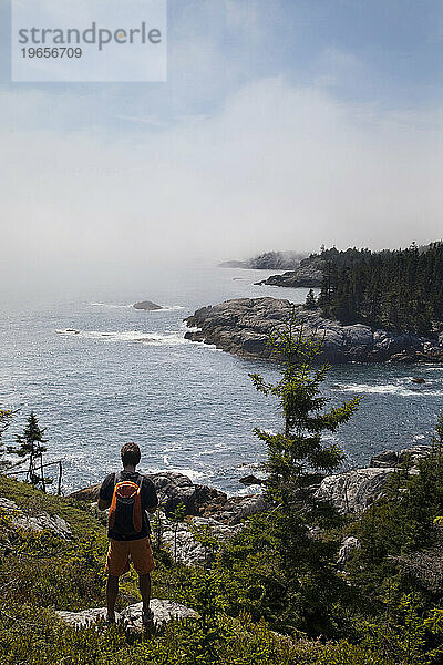Ein Mann steht mit Blick auf die felsige Küste.