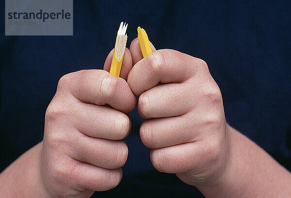 Nahaufnahme der Hände eines Kindes  das in Kalifornien einen Bleistift zerbricht.