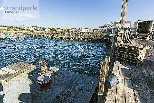 Hafenmitarbeiter Carl Pottle bewegt Hummerbehälter bei Great Wass Lobster in Beals  Maine.
