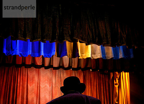 Silhouette eines Bluesmusikers mit Hut auf einer Bühne mit Beleuchtung.