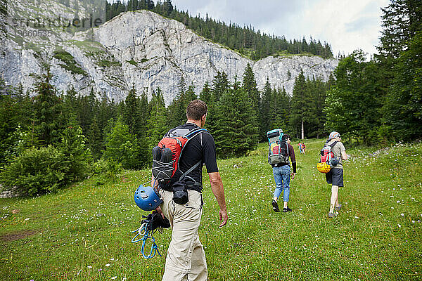 Eine Gruppe von Menschen beginnt eine Wanderung in den Bergen