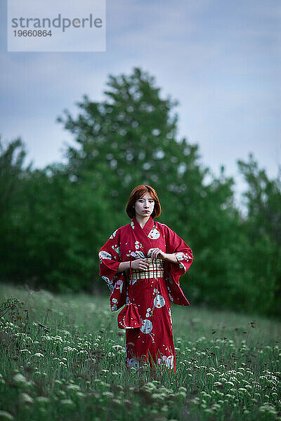 Porträt eines Mädchens im Kimono auf der Wiese