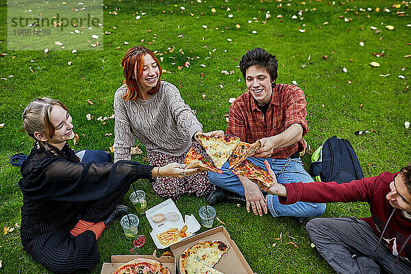 Eine Gruppe junger Leute lacht und isst Pizza auf dem Rasen