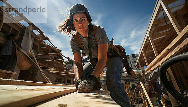 Eine Tischlerin  die auf einer Baustelle arbeitet