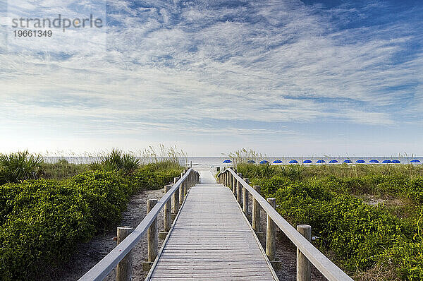 Ein Holzsteg führt zum Strand auf Hilton Head Island  SC.