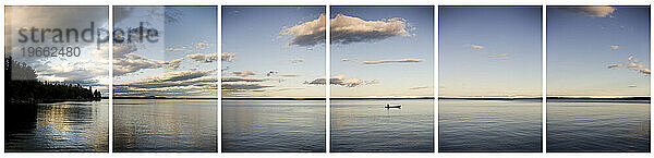 Ein Panorama aus sechs Bildern  die ein friedlich über das ruhige Wasser treibendes Kanu vor einem dramatischen Hintergrund zeigen