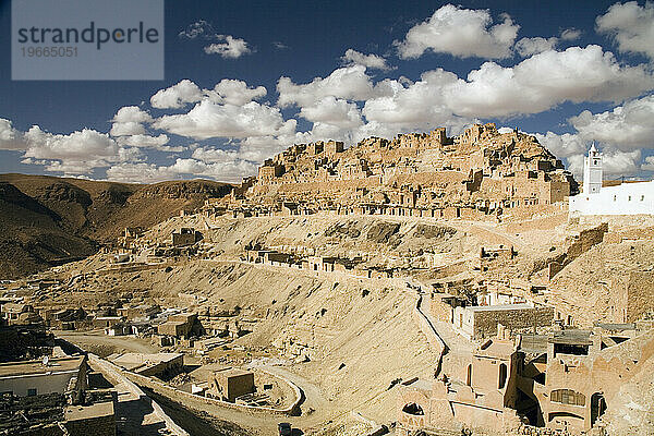 Homes built into the mountainside at Chenini  a ruined Berber mountain village.