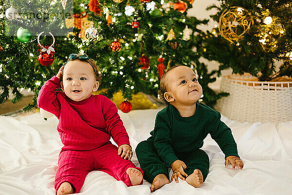 Zwillingsbabys verschiedener Rassen lächelnd vor Weihnachtsbäumen