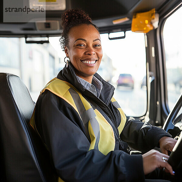 Eine Busfahrerin lächelt in die Kamera