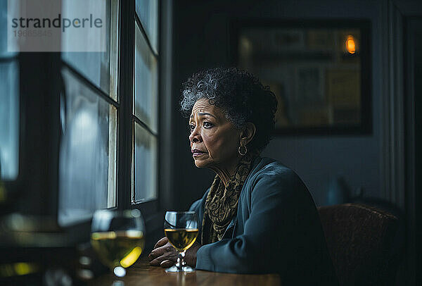 Eine ältere Frau sitzt besorgt an einem Schreibtisch und schaut nach draußen