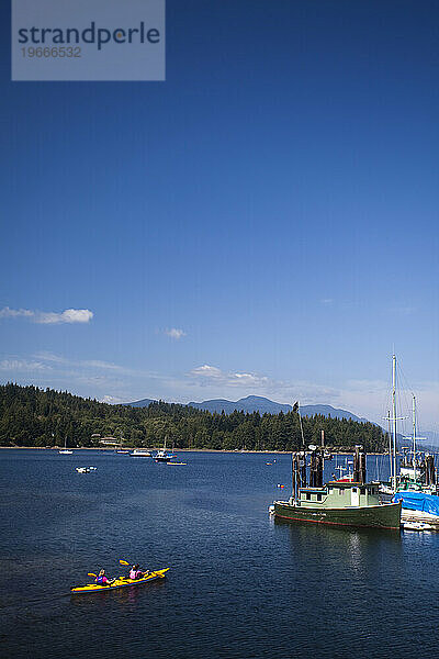 Seekajakfahrer genießen den blauen Himmel und das klare Wasser  während sie vom Yachthafen in Sechelt  einer kleinen Stadt an der Sunshine Coast  paddeln  um ferne Inseln und Küsten zu erkunden.