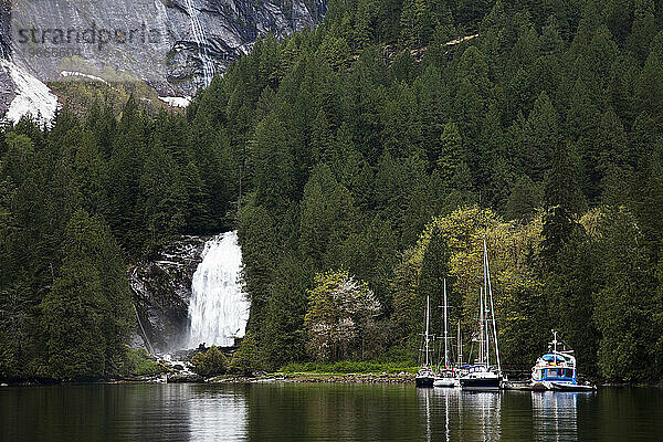 Ein großer Wasserfall stürzt in eine Bucht im Westen von British Columbia.