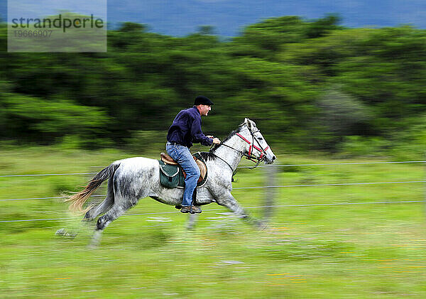 Ein Mann galoppiert mit seinem Pferd durch die Landschaft von Chiapas  Mexiko.